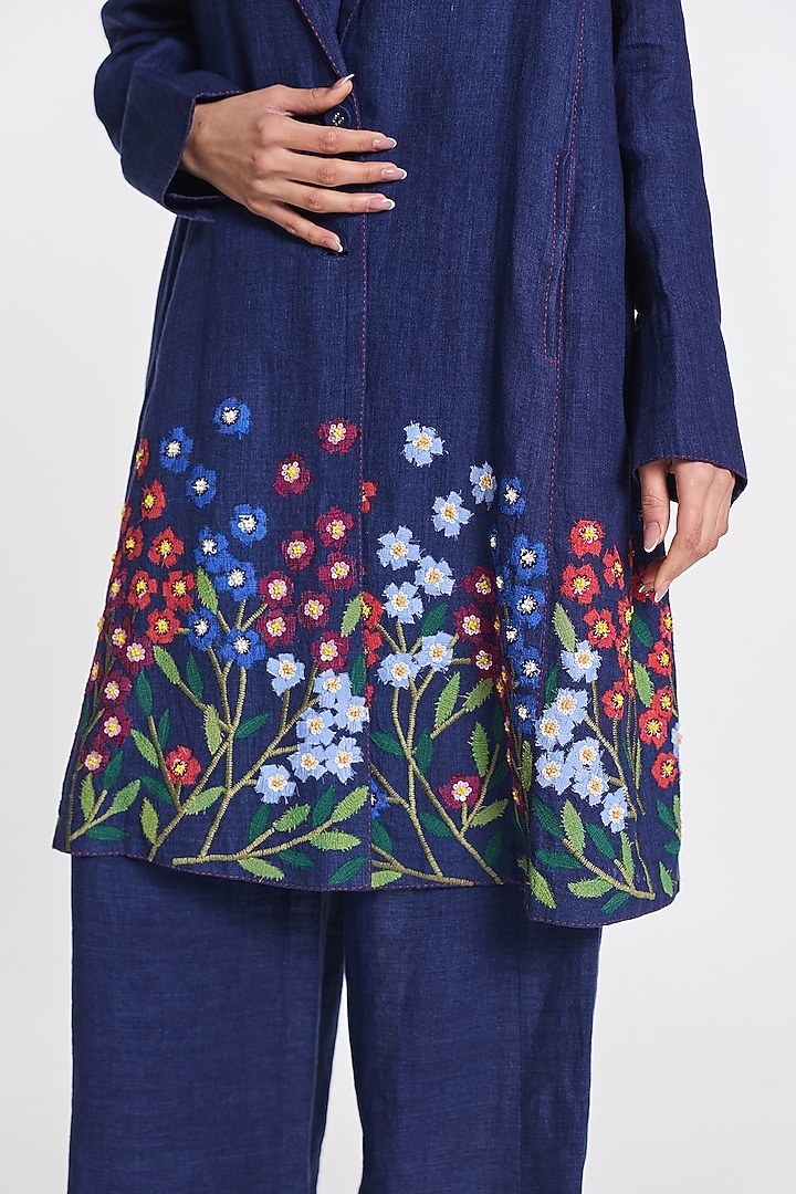 Indigo Blue Linen Floral Embroidered Jacket by Payal Pratap at Pernia's Pop Up Shop