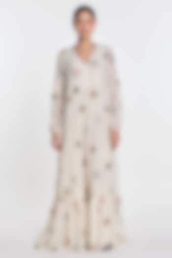 Ivory Cotton Silk Floral Embroidered Tiered Cocktail Dress by Payal Pratap at Pernia's Pop Up Shop