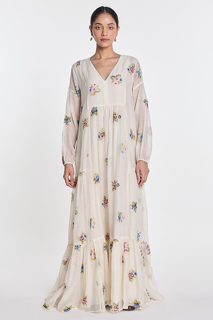 Ivory Cotton Silk Floral Embroidered Tiered Cocktail Dress by Payal Pratap at Pernia's Pop Up Shop