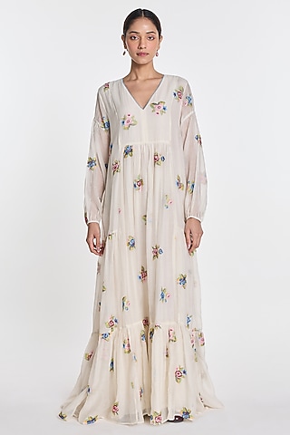 white embroidered dress india White Print Plunge Neckline Gown main image 1