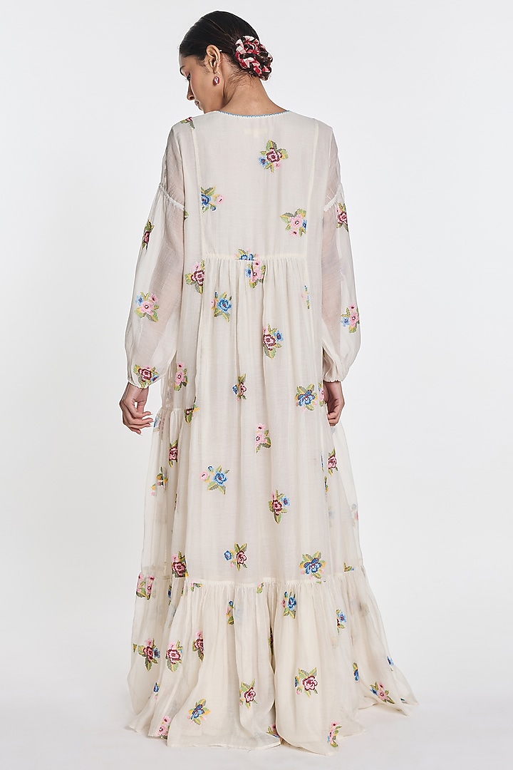 Ivory Cotton Silk Floral Embroidered Tiered Cocktail Dress by Payal Pratap at Pernia's Pop Up Shop