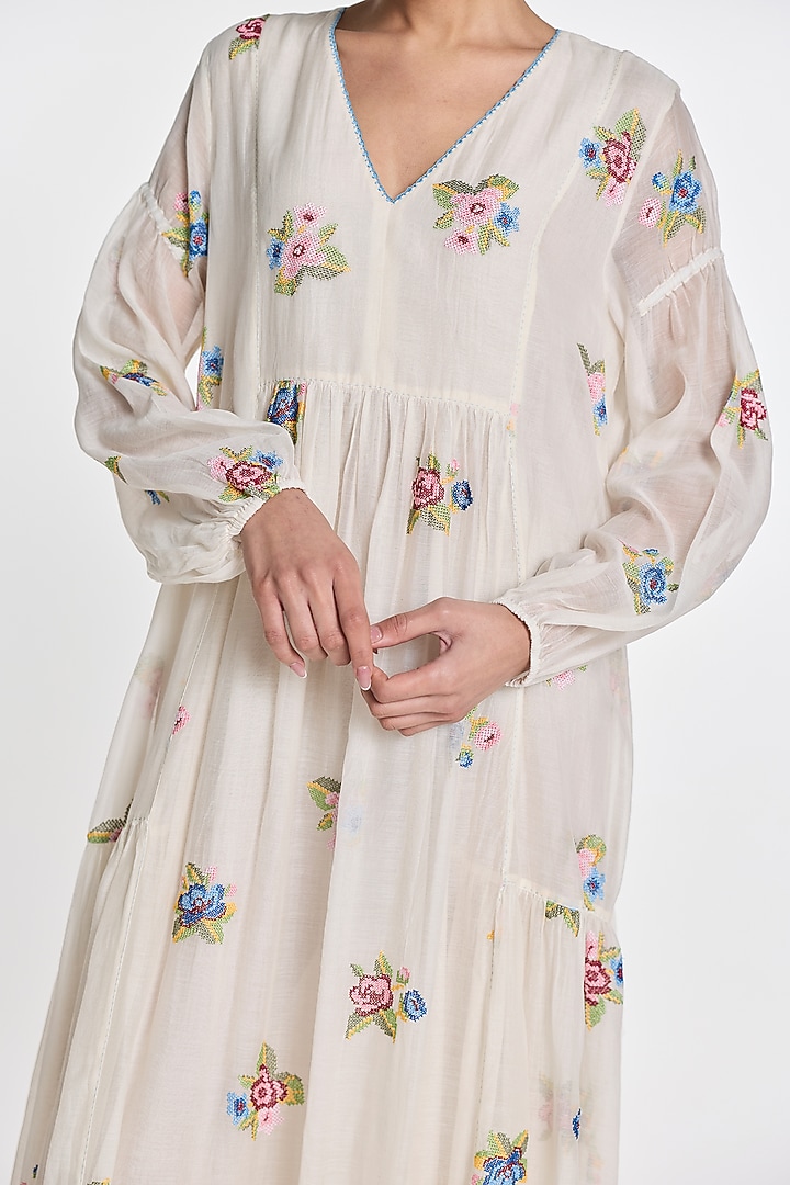 Ivory Cotton Silk Floral Embroidered Tiered Cocktail Dress by Payal Pratap at Pernia's Pop Up Shop