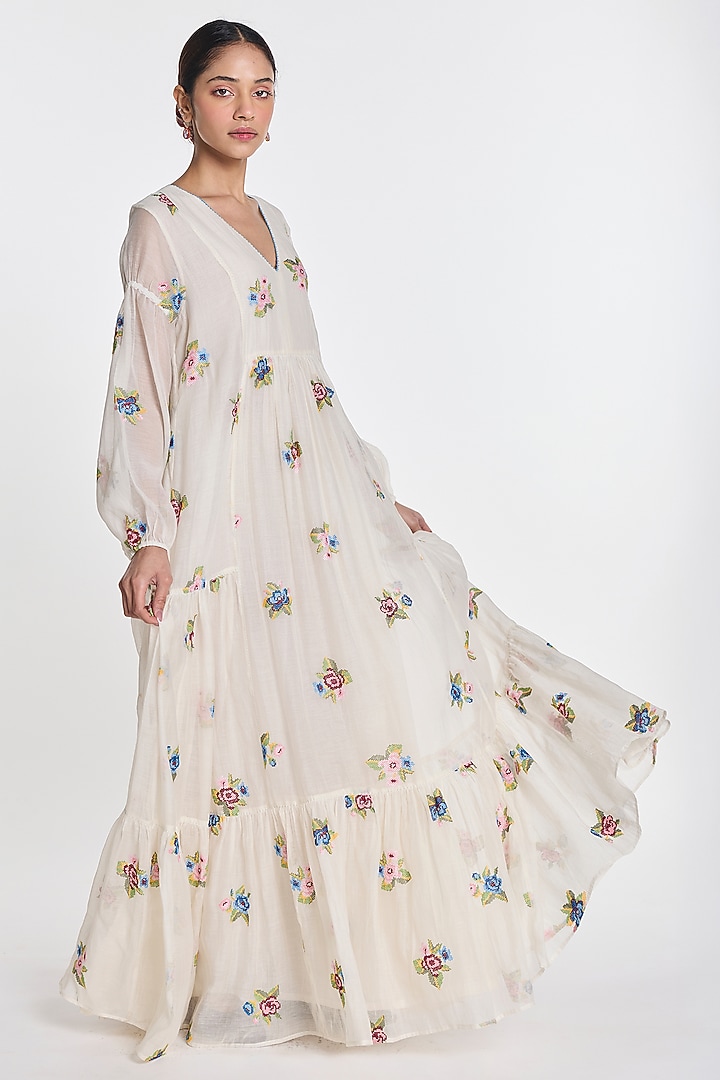 Ivory Cotton Silk Floral Embroidered Tiered Cocktail Dress by Payal Pratap at Pernia's Pop Up Shop