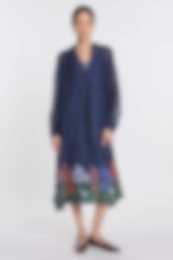 Indigo Blue Cotton Silk Floral Embroidered Tunic by Payal Pratap at Pernia's Pop Up Shop