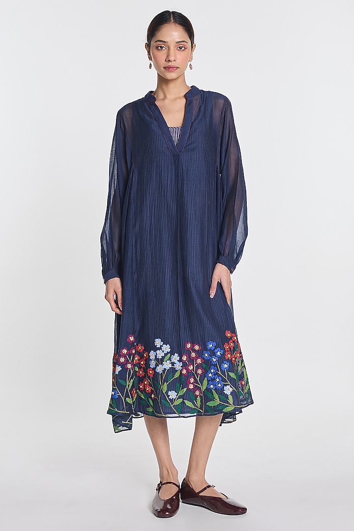 Indigo Blue Cotton Silk Floral Embroidered Tunic by Payal Pratap at Pernia's Pop Up Shop