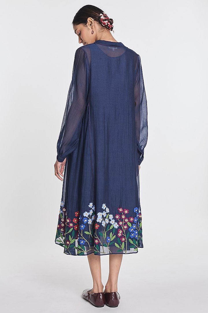 Indigo Blue Cotton Silk Floral Embroidered Tunic by Payal Pratap at Pernia's Pop Up Shop