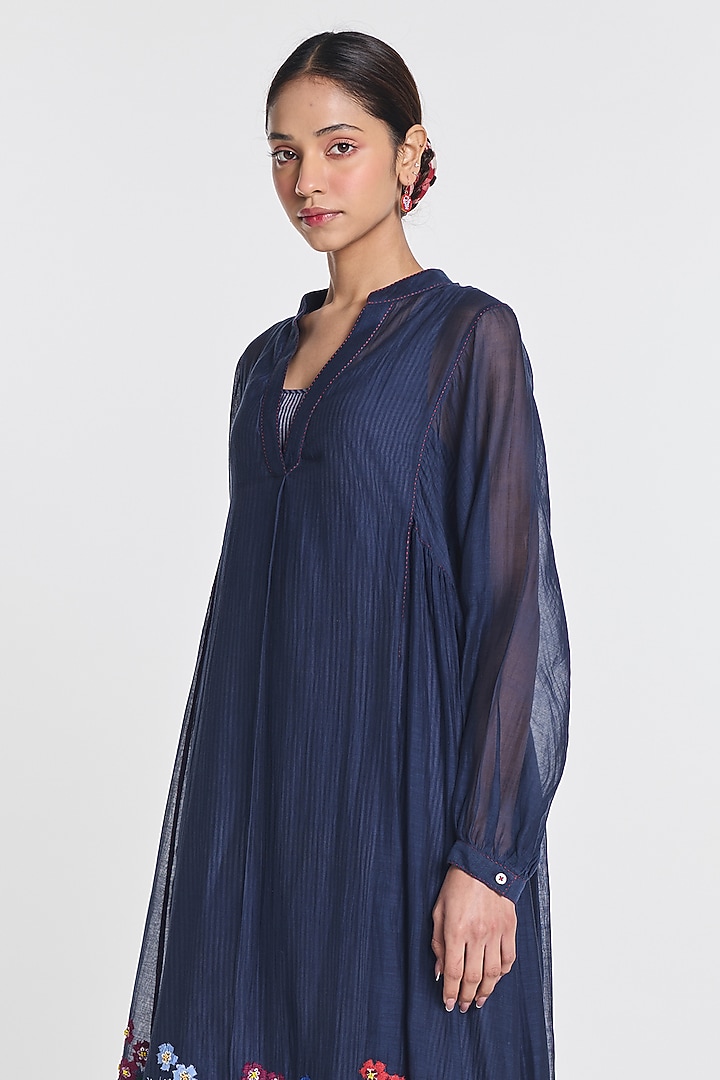 Indigo Blue Cotton Silk Floral Embroidered Tunic by Payal Pratap at Pernia's Pop Up Shop