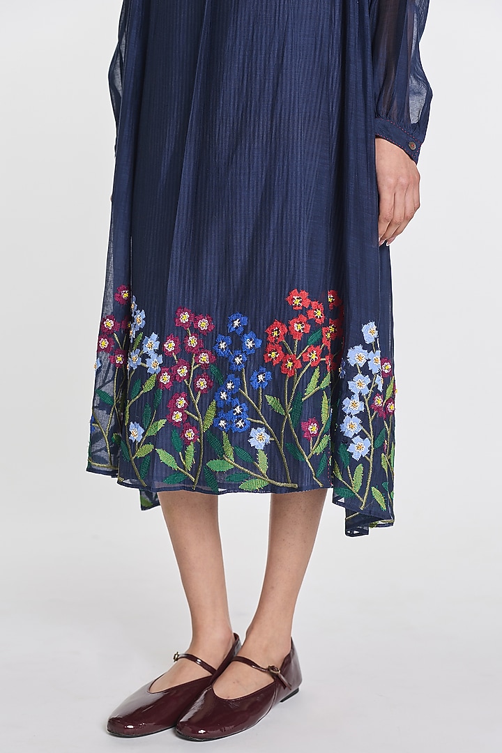Indigo Blue Cotton Silk Floral Embroidered Tunic by Payal Pratap at Pernia's Pop Up Shop