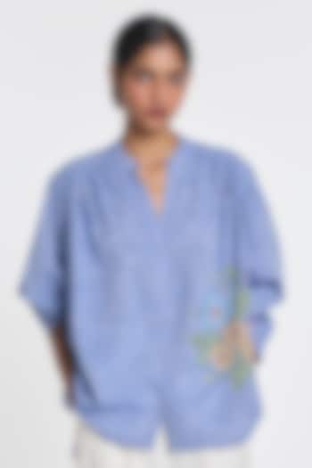 Blue Cotton Slub Floral Embroidered Shirt by Payal Pratap at Pernia's Pop Up Shop