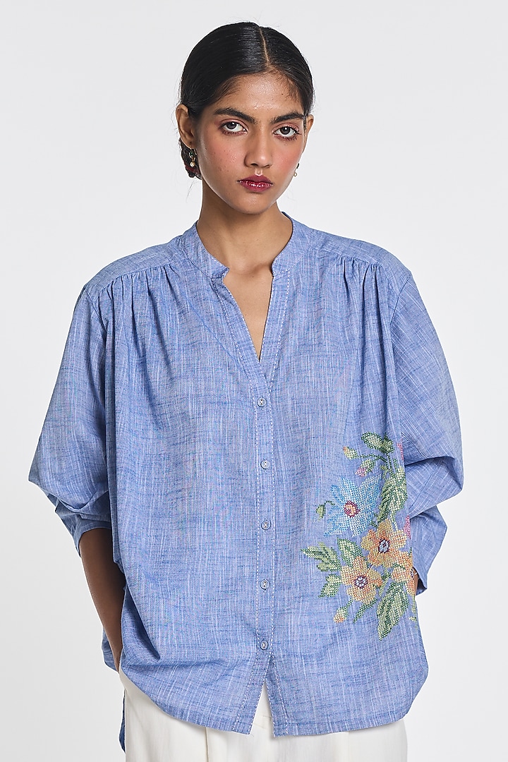 Blue Cotton Slub Floral Embroidered Shirt by Payal Pratap at Pernia's Pop Up Shop