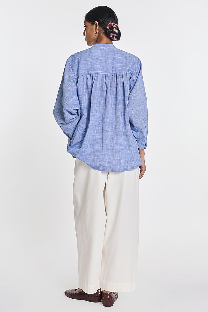 Blue Cotton Slub Floral Embroidered Shirt by Payal Pratap at Pernia's Pop Up Shop