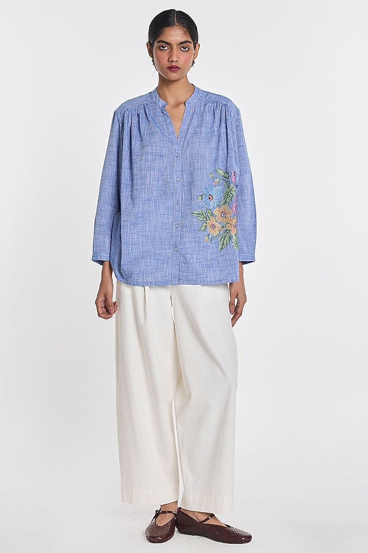 Blue Cotton Slub Floral Embroidered Shirt by Payal Pratap at Pernia's Pop Up Shop