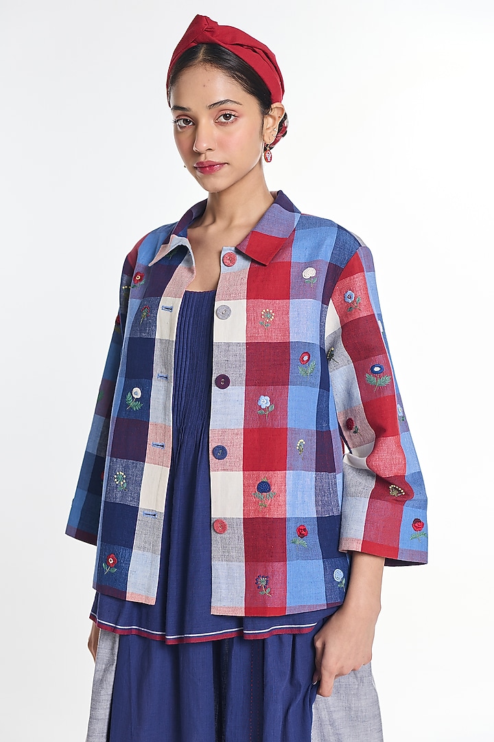 Multi-Colored Cotton Linen Floral Embroidered Jacket by Payal Pratap at Pernia's Pop Up Shop