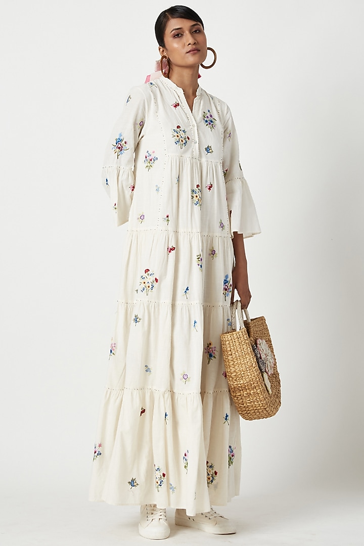 Ivory Cotton Tiered Cocktail Dress by Payal Pratap at Pernia's Pop Up Shop