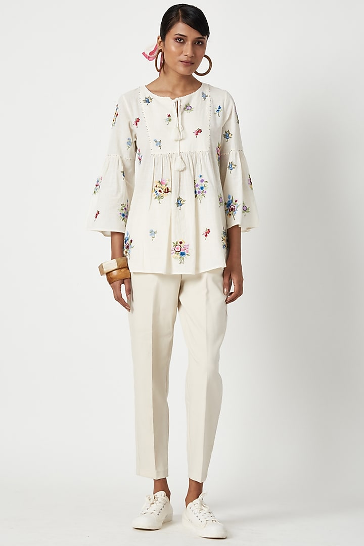 Ivory Cotton Embroidered Top by Payal Pratap at Pernia's Pop Up Shop