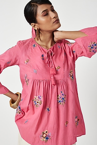 Pink Cotton Embroidered Top by Payal Pratap
