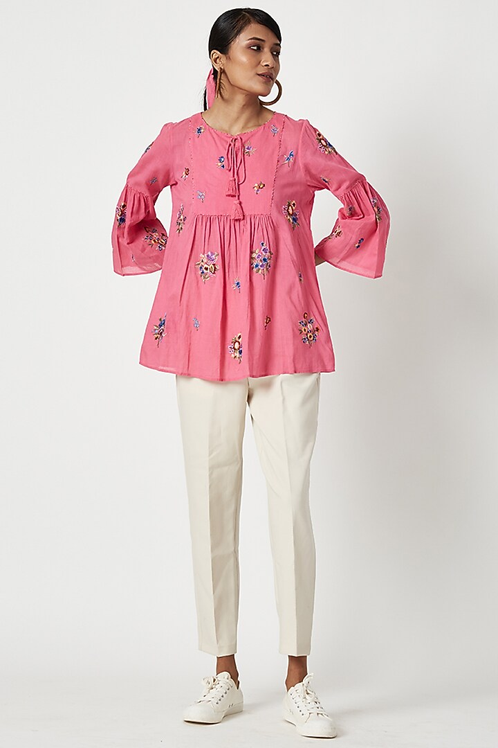 Pink Cotton Embroidered Top by Payal Pratap at Pernia's Pop Up Shop