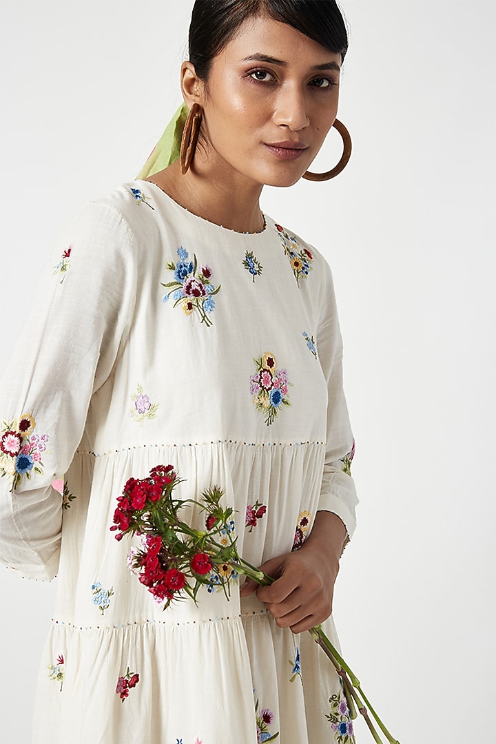 Ecru Cotton Embroidered Cocktail Dress by Payal Pratap at Pernia's Pop Up Shop