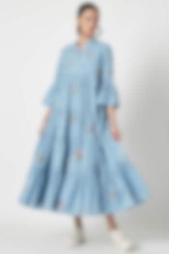 Dusty Blue Cotton Embroidered Dress by Payal Pratap