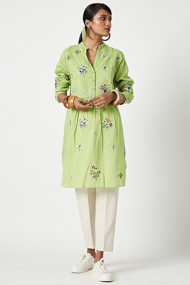 Lime Green Cotton Embroidered Tunic by Payal Pratap at Pernia's Pop Up Shop