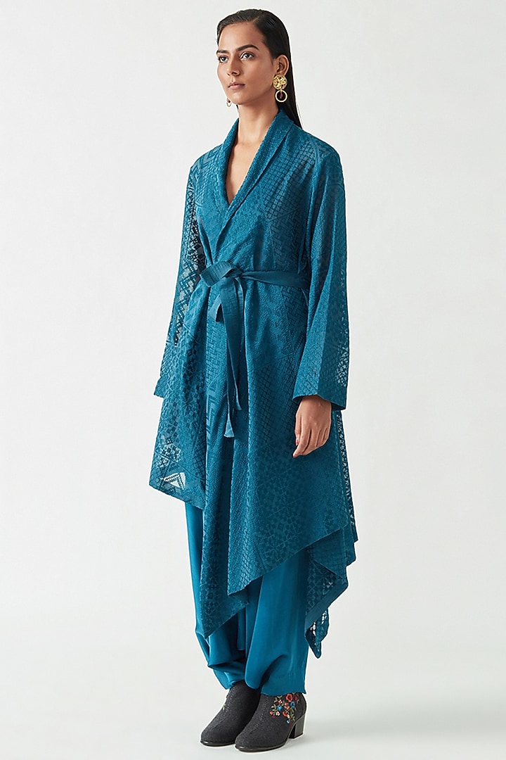 Teal Cotton Silk High-Low Overlay by Payal Pratap at Pernia's Pop Up Shop