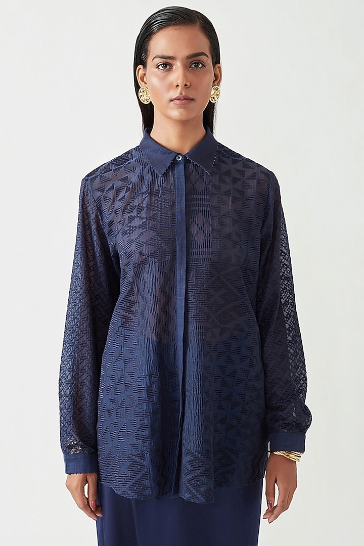 Navy Cotton Silk Embroidered Shirt by Payal Pratap at Pernia's Pop Up Shop
