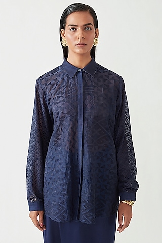Navy Cotton Silk Embroidered Shirt by Payal Pratap