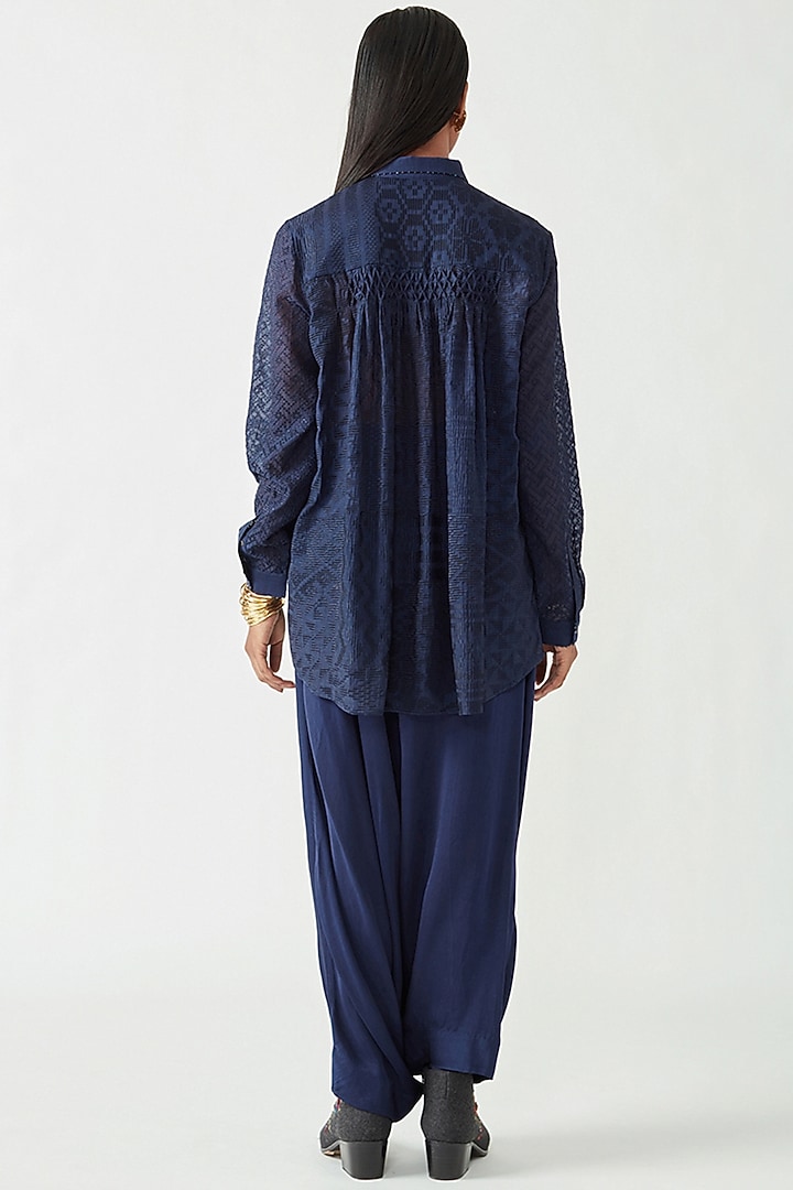 Navy Cotton Silk Embroidered Shirt by Payal Pratap at Pernia's Pop Up Shop