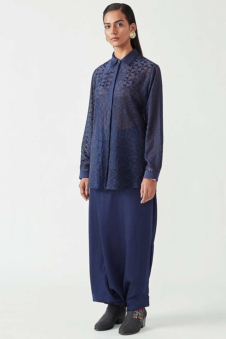Navy Cotton Silk Embroidered Shirt by Payal Pratap at Pernia's Pop Up Shop