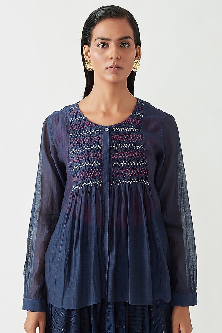 Navy Cotton Silk Top by Payal Pratap at Pernia's Pop Up Shop