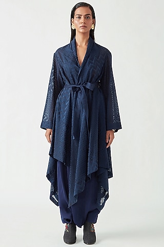 Navy Cotton Silk High-Low Overlay by Payal Pratap