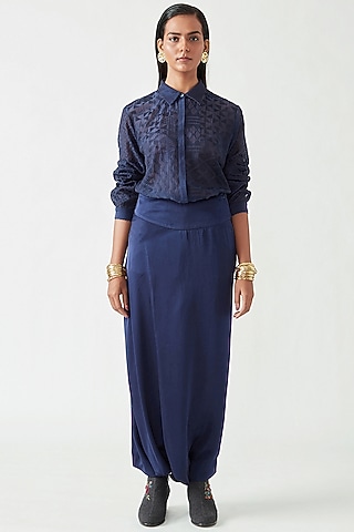 Navy Satin Zouave Pants by Payal Pratap
