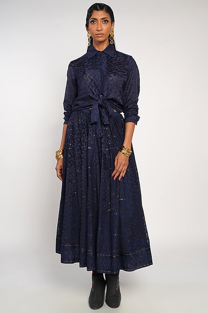 Navy Cotton Silk Embroidered Knotted Shirt by Payal Pratap at Pernia's Pop Up Shop