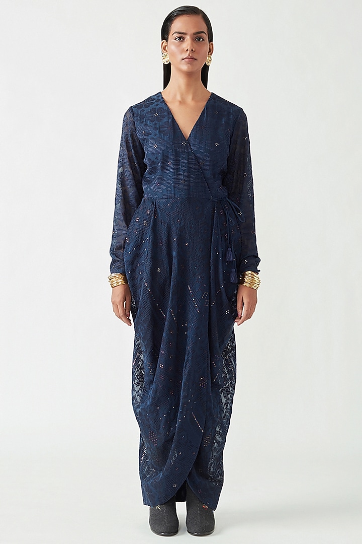 Navy Blue Cotton Silk Party Wear Dress by Payal Pratap at Pernia's Pop Up Shop