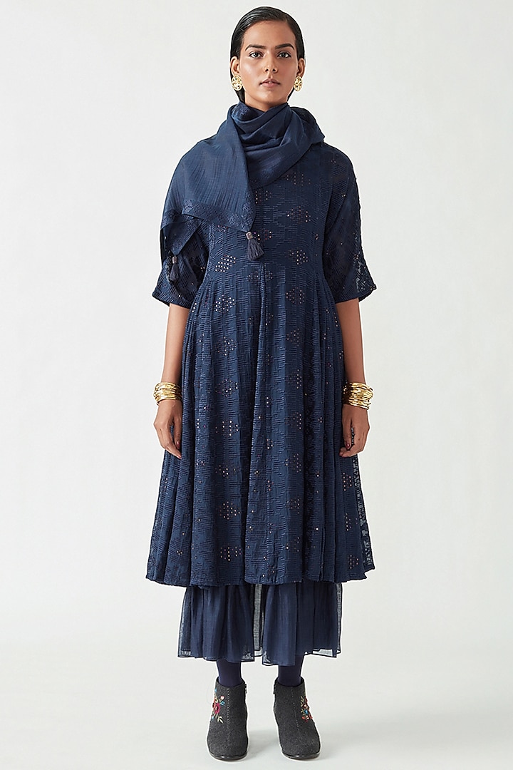 Navy Cotton Silk Embroidered Dress With Scarf by Payal Pratap at Pernia's Pop Up Shop