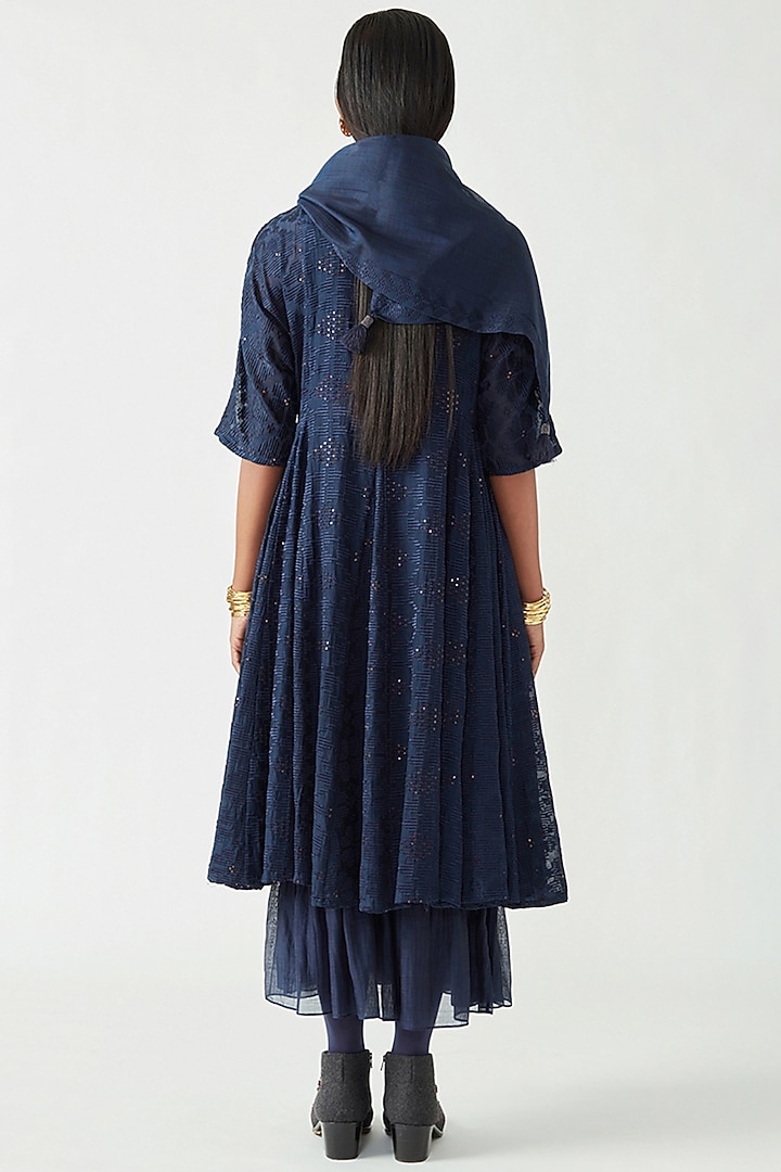 Navy Cotton Silk Embroidered Party Wear Dress With Scarf by Payal Pratap at Pernia's Pop Up Shop