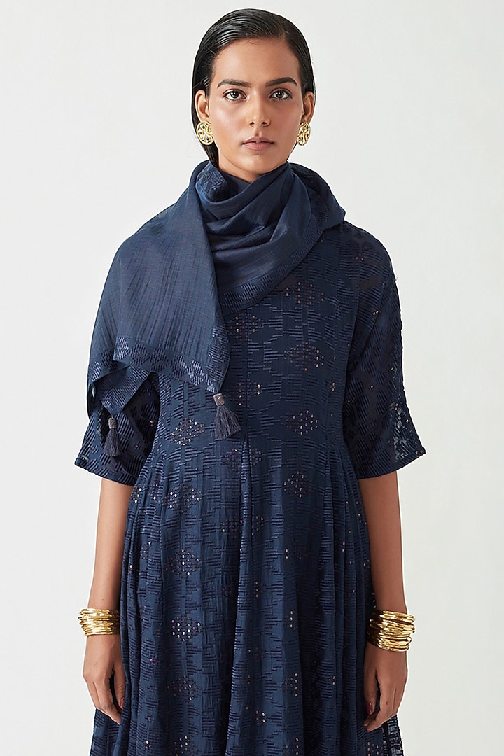 Navy Cotton Silk Embroidered Party Wear Dress With Scarf by Payal Pratap at Pernia's Pop Up Shop