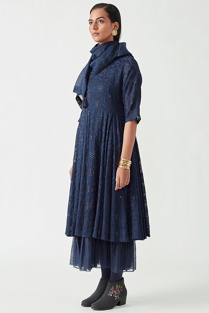 Navy Cotton Silk Embroidered Party Wear Dress With Scarf by Payal Pratap at Pernia's Pop Up Shop