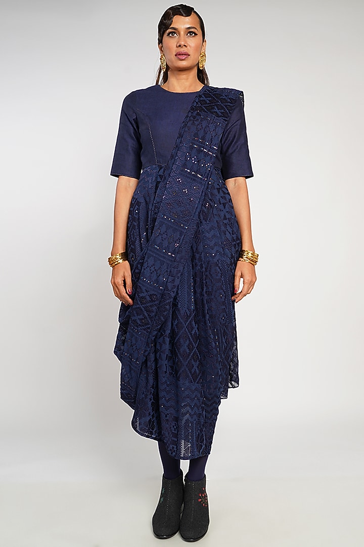 Navy Cotton Silk Embroidered Draped Saree Party Wear Dress by Payal Pratap at Pernia's Pop Up Shop