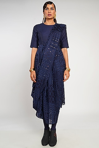 Navy Cotton Silk Embroidered Draped Saree Dress by Payal Pratap