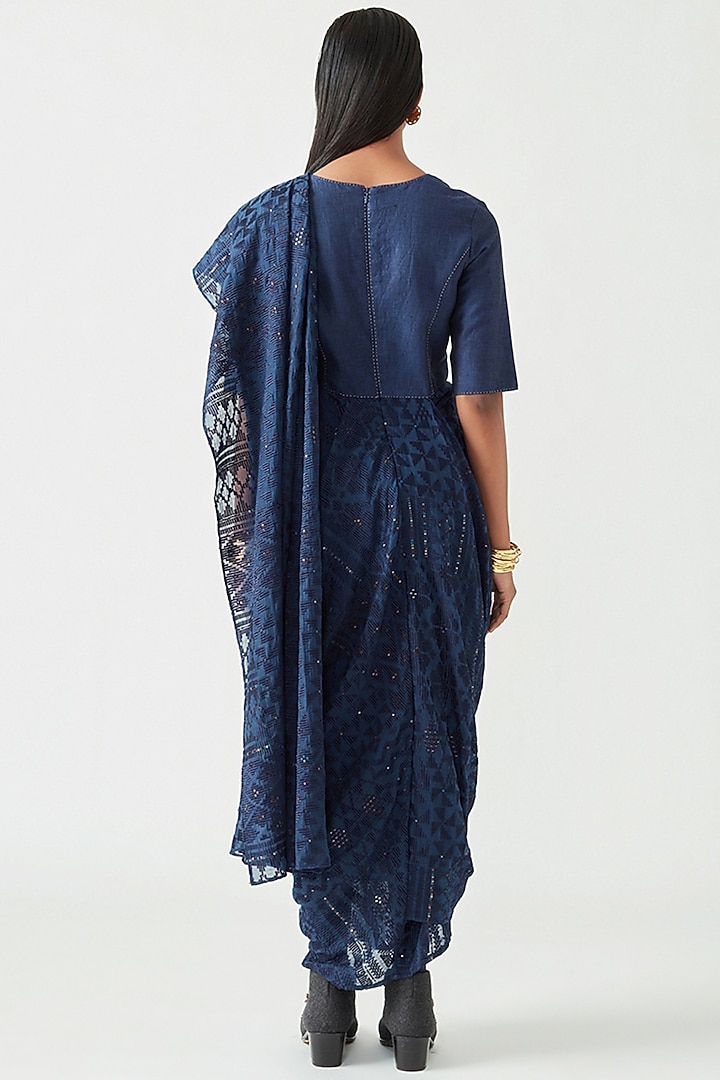 Navy Cotton Silk Embroidered Draped Saree Party Wear Dress by Payal Pratap at Pernia's Pop Up Shop