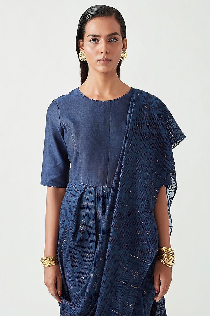 Navy Cotton Silk Embroidered Draped Saree Party Wear Dress by Payal Pratap at Pernia's Pop Up Shop