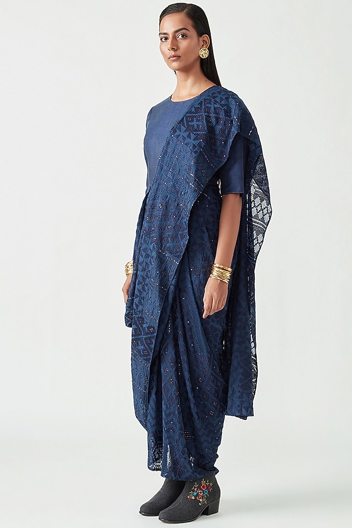 Navy Cotton Silk Embroidered Draped Saree Party Wear Dress by Payal Pratap at Pernia's Pop Up Shop