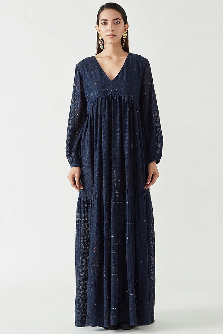 Navy Cotton Silk Embroidered Party Wear Dress by Payal Pratap at Pernia's Pop Up Shop