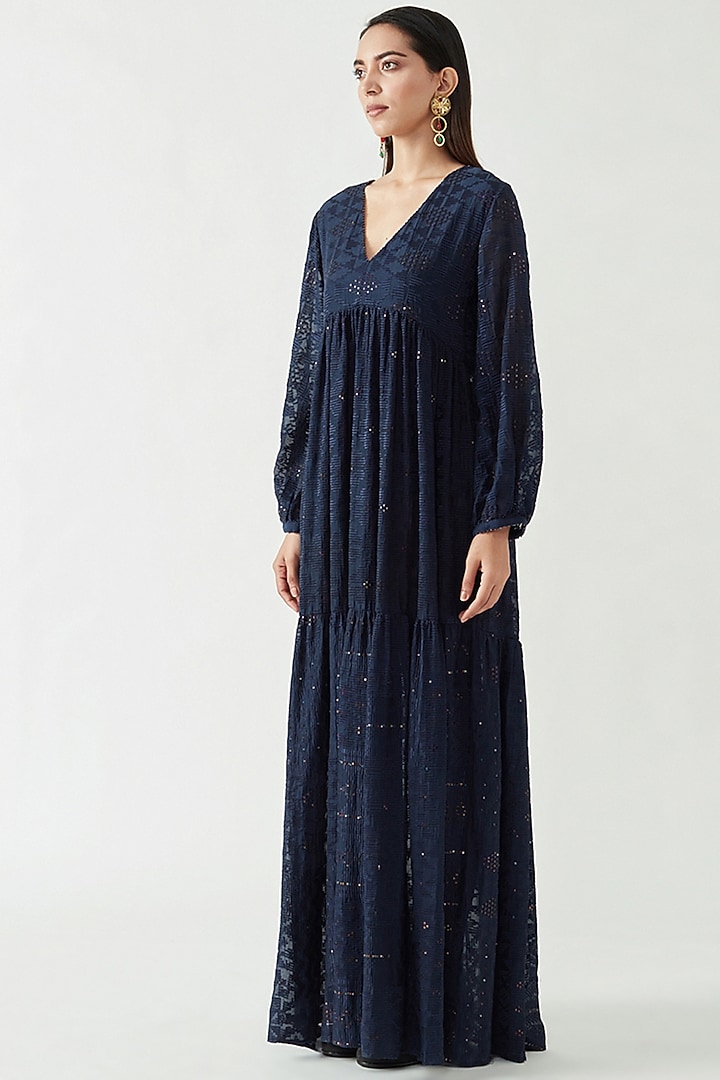 Navy Cotton Silk Embroidered Party Wear Dress by Payal Pratap at Pernia's Pop Up Shop