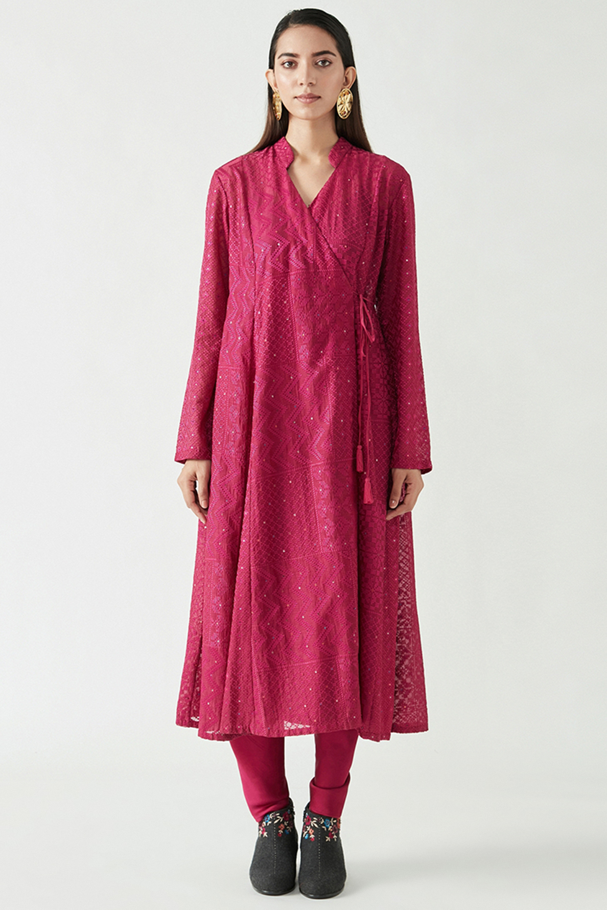 Fuchsia Cotton Silk Embroidered Wrap Kurta Set by Payal Pratap at Pernia's Pop Up Shop