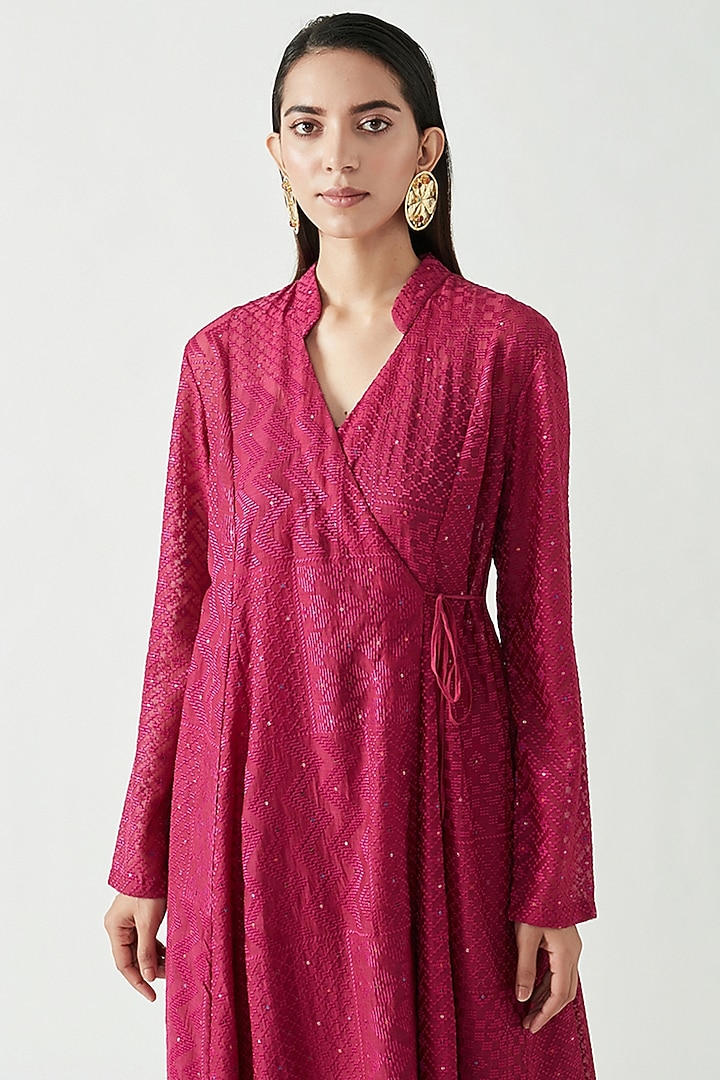 Fuchsia Cotton Silk Embroidered Wrap Kurta Set by Payal Pratap at Pernia's Pop Up Shop