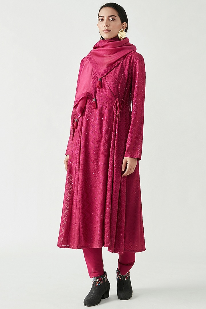 Fuchsia Cotton Silk Embroidered Wrap Kurta Set by Payal Pratap at Pernia's Pop Up Shop