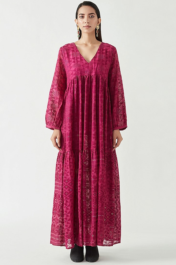 Fuchsia Cotton Silk Embroidered Tiered Dress by Payal Pratap