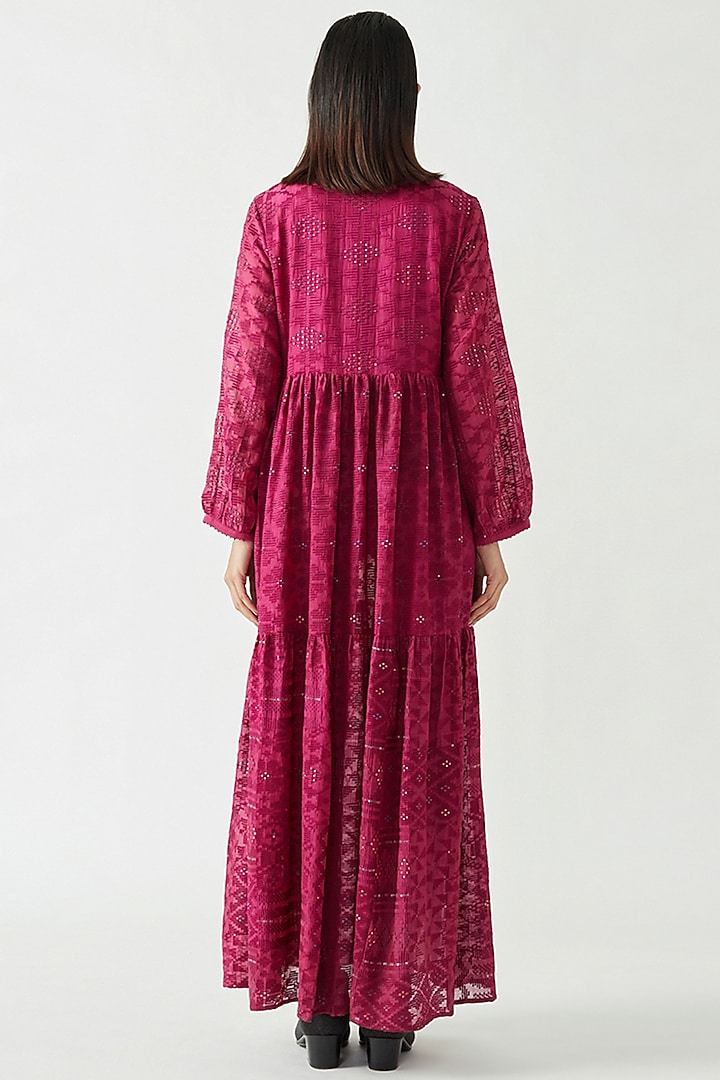 Fuchsia Cotton Silk Embroidered Tiered Party Wear Dress by Payal Pratap at Pernia's Pop Up Shop